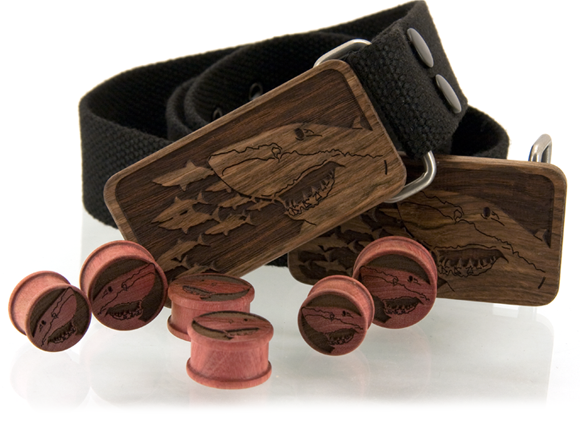 Custom made Shark themed wood belt buckle and ear gauges.