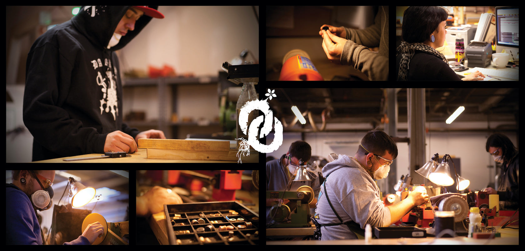 Collage of Omerica employees working in the workshop. 
