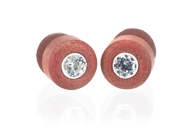 Wood earrings set with Swarovski CZ. Made in Pink Ivory wood.
