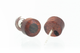 Wood round shaped earrings. Made in Bloodwood. View of logo on back. 