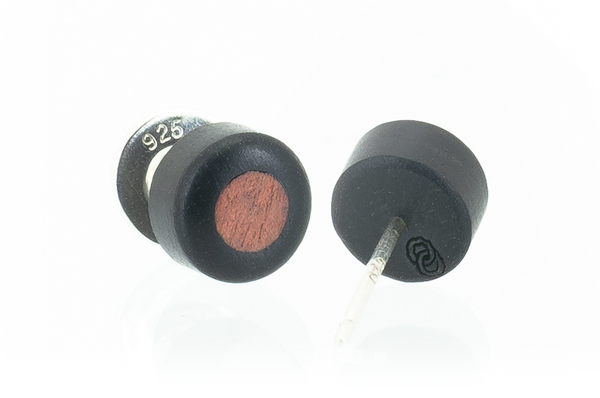 Wood round shaped earrings. Made in Ebony wood. View of back showing logo. 