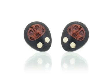 Wood Ladybug earrings. Made in Ebony wood with Bloodwood. 