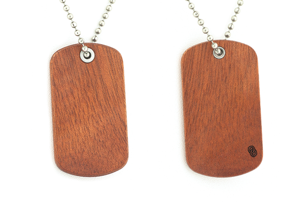 Front and back view of Bloodwood dog tags, wood dog tags.