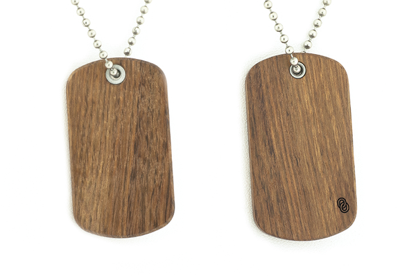 Front and back view of Chechen dog tags, wood dog tags.
