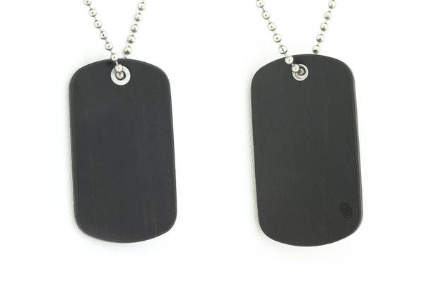 Front and back view of Ebony wood dog tags, wood dog tags.