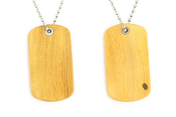 Front and back view of Osage Orange wood dog tags, wood dog tags.