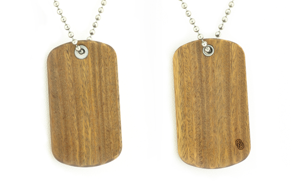 Front and back view of Verawood dog tags, wood dog tags.