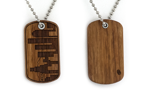 Front and back view of Los Angeles skyline Granadillo wood dog tag, Los Angeles Jewelry.