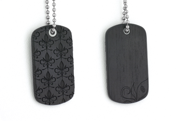 Front and back view of Baroque dog tag, wood dog tag, Ebony wood jewelry.