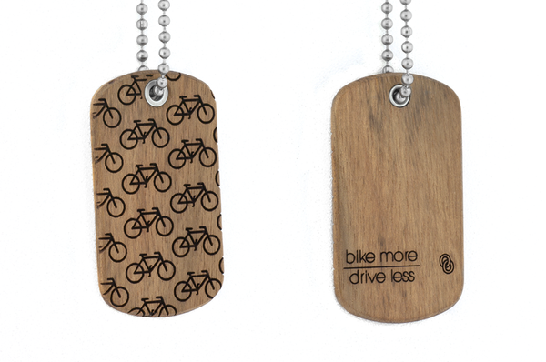 Front and back view of Bike dog tag, wood dog tag, Chechen wood jewelry.