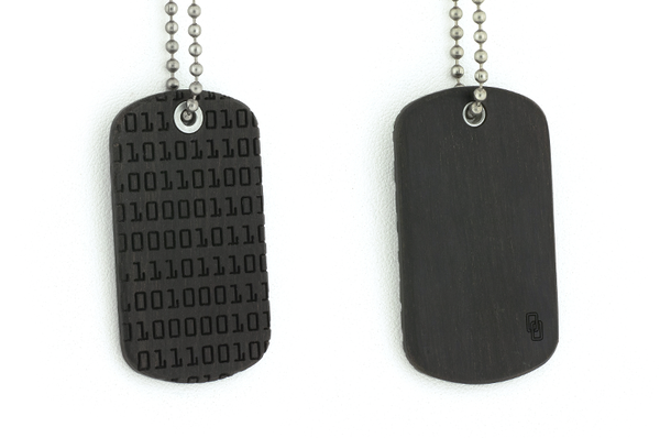 Front and back view ofBinary code wood dog tag, Ebony wood jewelry.