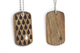 Front and back view of Rain Drop wood dog tag, Chechen wood jewelry.