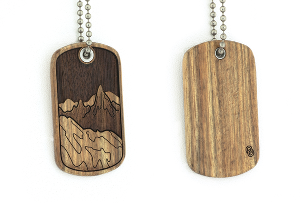 Front back view of the mountain wood dog tags, Chechen wood jewelry.