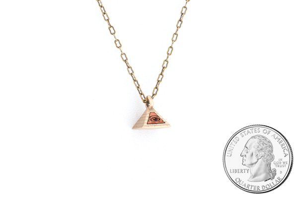 Pyramid pendant necklace. Bronze with wood inlay. Size scale. 