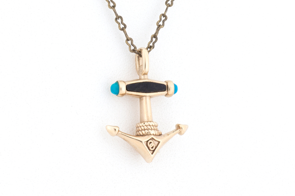 Anchor pendant necklace. In bronze and wood.